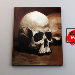 Cráneo humano realista en pintura al óleo con tonos marrones y juego de sombras en estilo vanitas