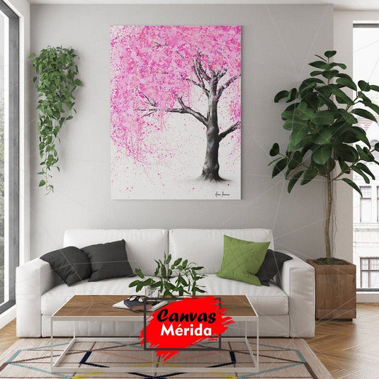 Cuadro decorativo de un árbol con tronco gris y hojas rosadas sobre fondo blanco