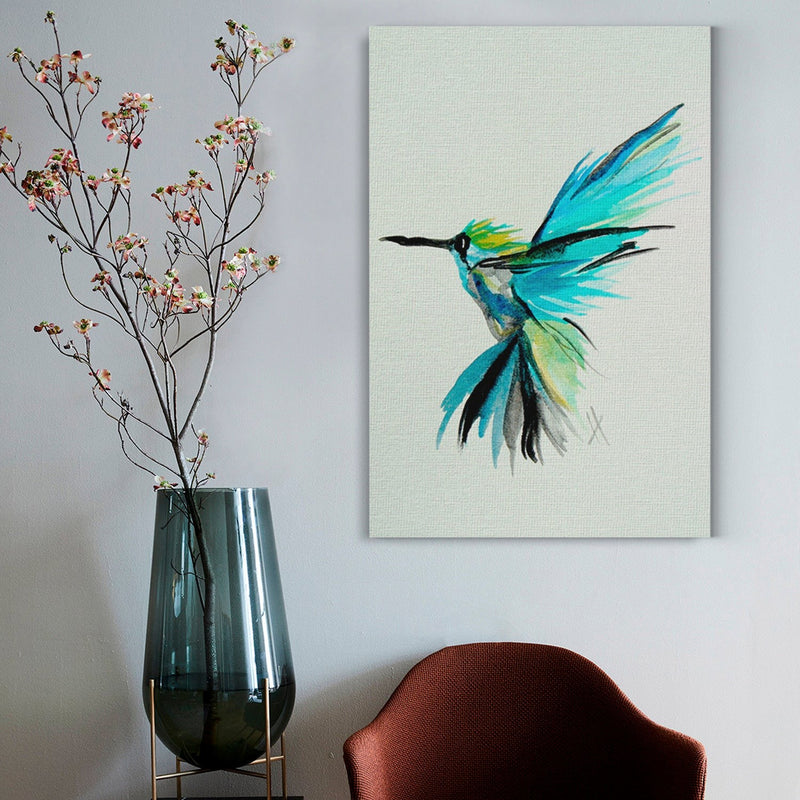 Cuadro decorativo con colibrí en tonos azules y verdes sobre fondo color manta