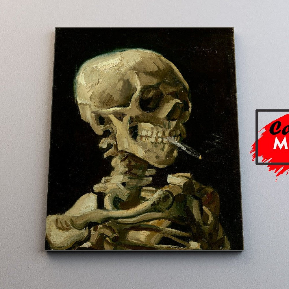 "Cráneo realista con cigarrillo en estilo clásico de pintura al óleo destacando la mortalidad y los vicios humanos"