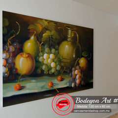 Pintura de bodegón con frutas variadas y cafetera