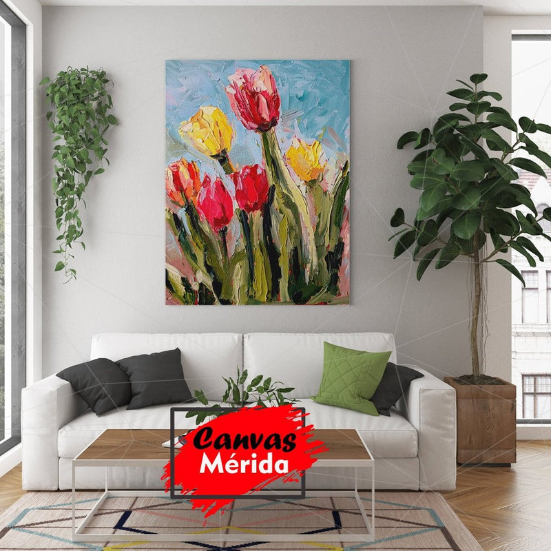 Pintura al óleo de tulipanes coloridos con técnica de impasto en un jardín primaveral