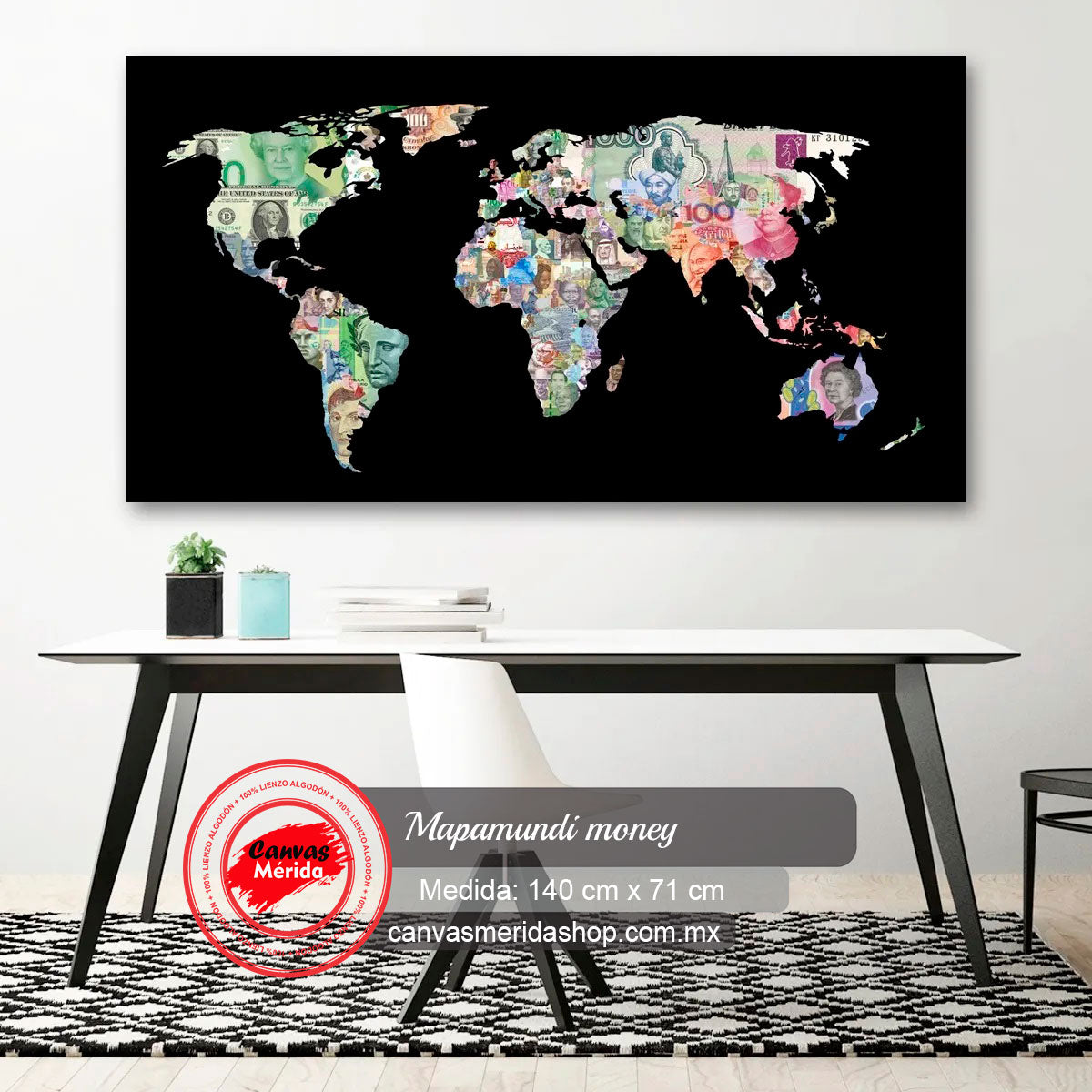 Mapa mundial creativo formado por diferentes billetes de moneda internacional
