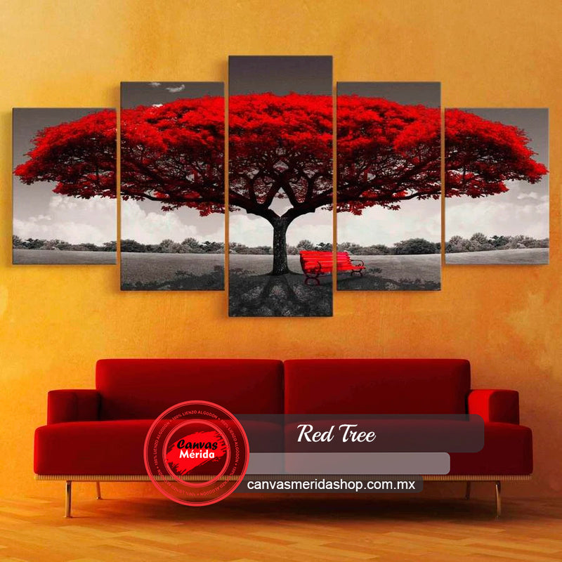 Set_de_5_cuadros_decorativos_verticales_diferentes_tamaños_árbol_grande_hojas_rojas_silla_roja_fondo_blanco_negro