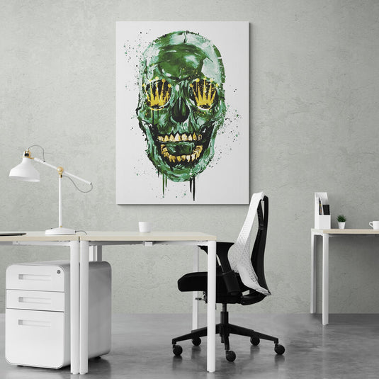 Pintura contemporánea de calavera verde con detalles en amarillo, en un estilo urbano y expresivo.