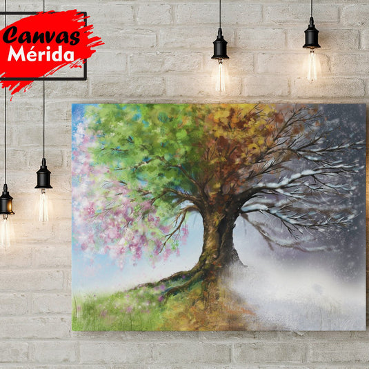Representación artística de un árbol en las cuatro estaciones del año: primavera, verano, otoño e invierno.