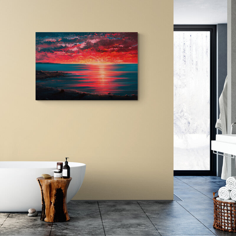 Pintura expresiva de un amanecer rojizo sobre el mar